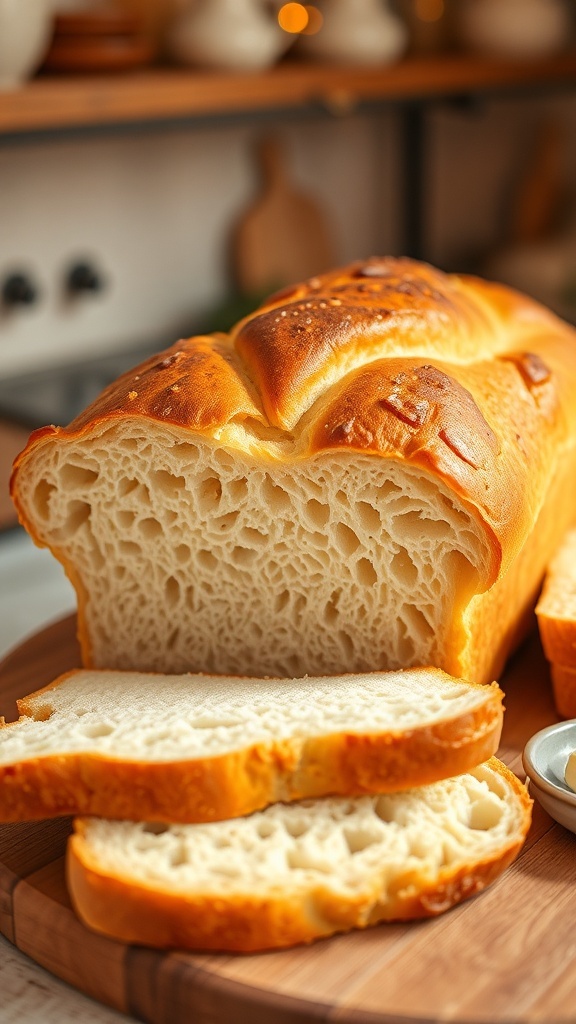 Gluten-Free Bread Recipe with King Arthur Flour A golden-brown gluten-free bread loaf sliced on a wooden board with butter.